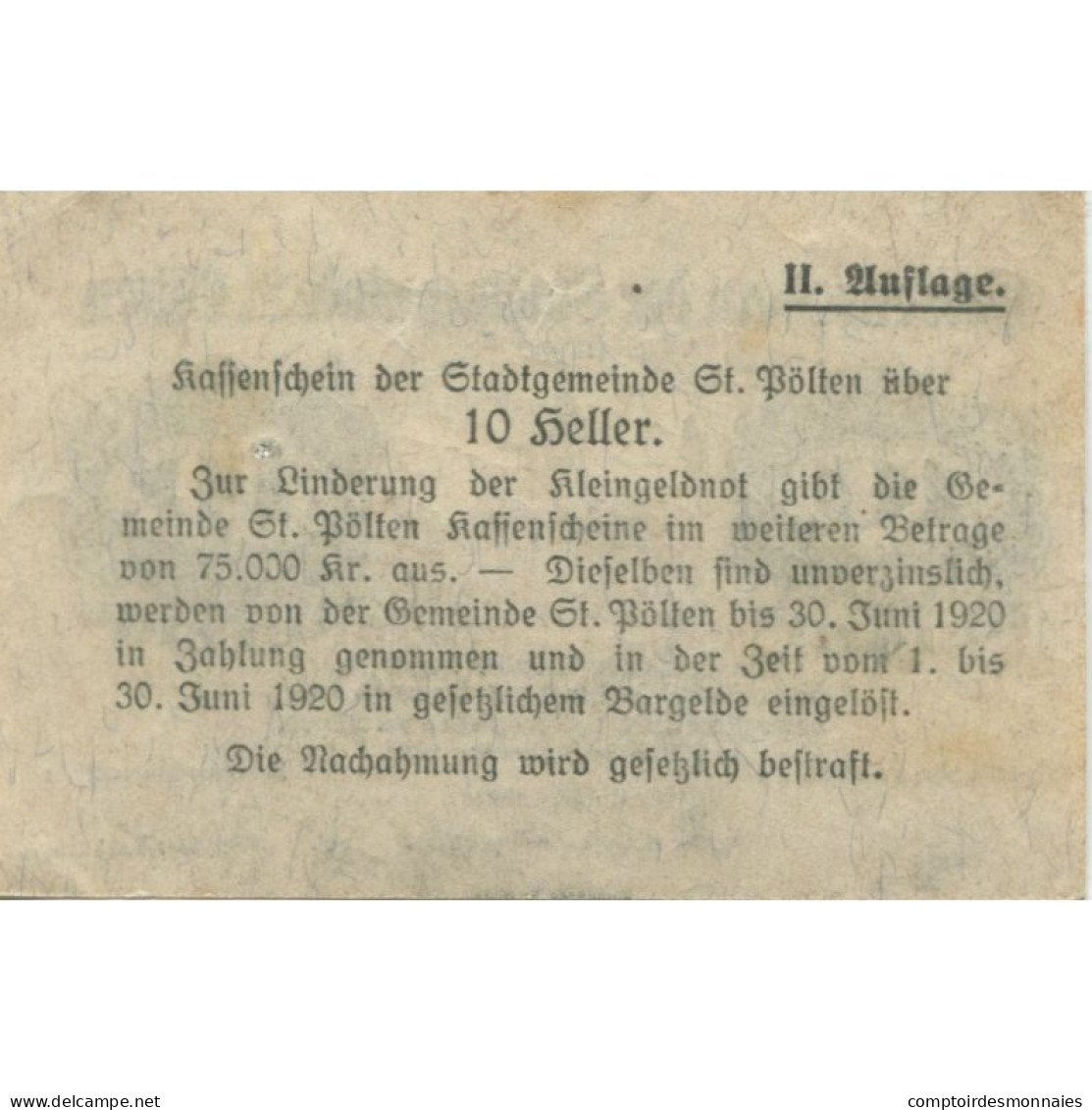 Billet, Autriche, St Pölten, 10 Heller, Eglise 1920-06-30, SPL, Mehl:FS 927 - Autriche