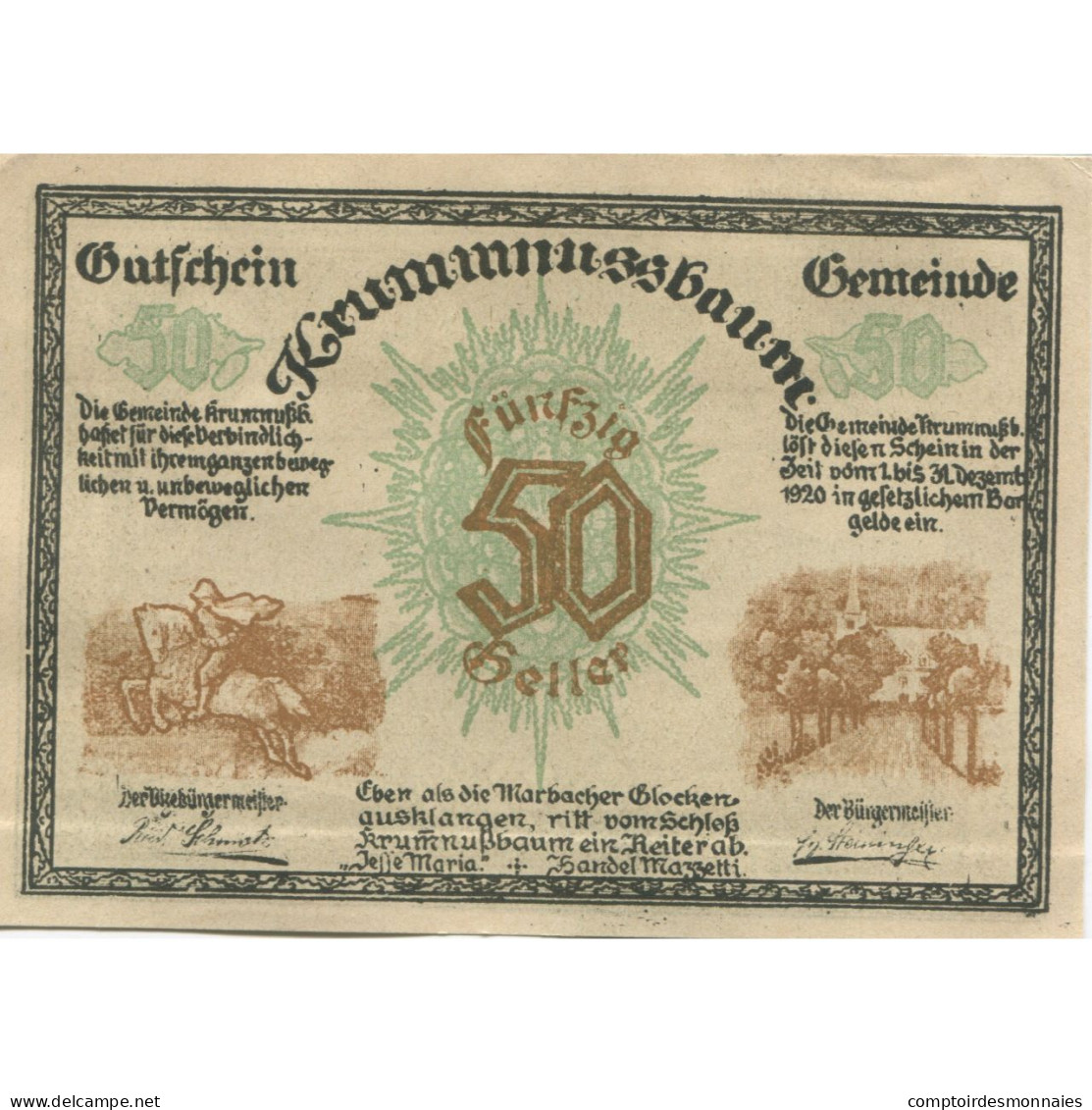 Billet, Autriche, Krummnusssbaum, 50 Heller, Cheval 1920-12-31 SPL Mehl:FS 488Ia - Autriche