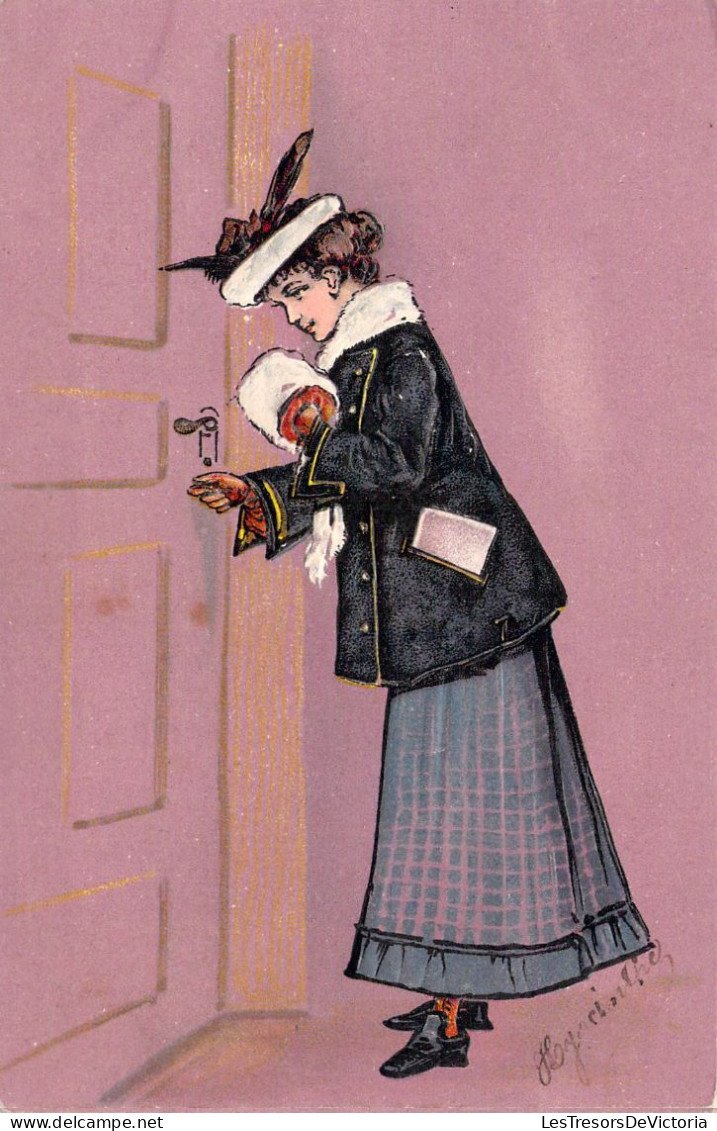 Illustration Non Signée - Femme En Robe Rentre Chez Elle - Chapeau - Carte Postale Ancienne - Non Classés