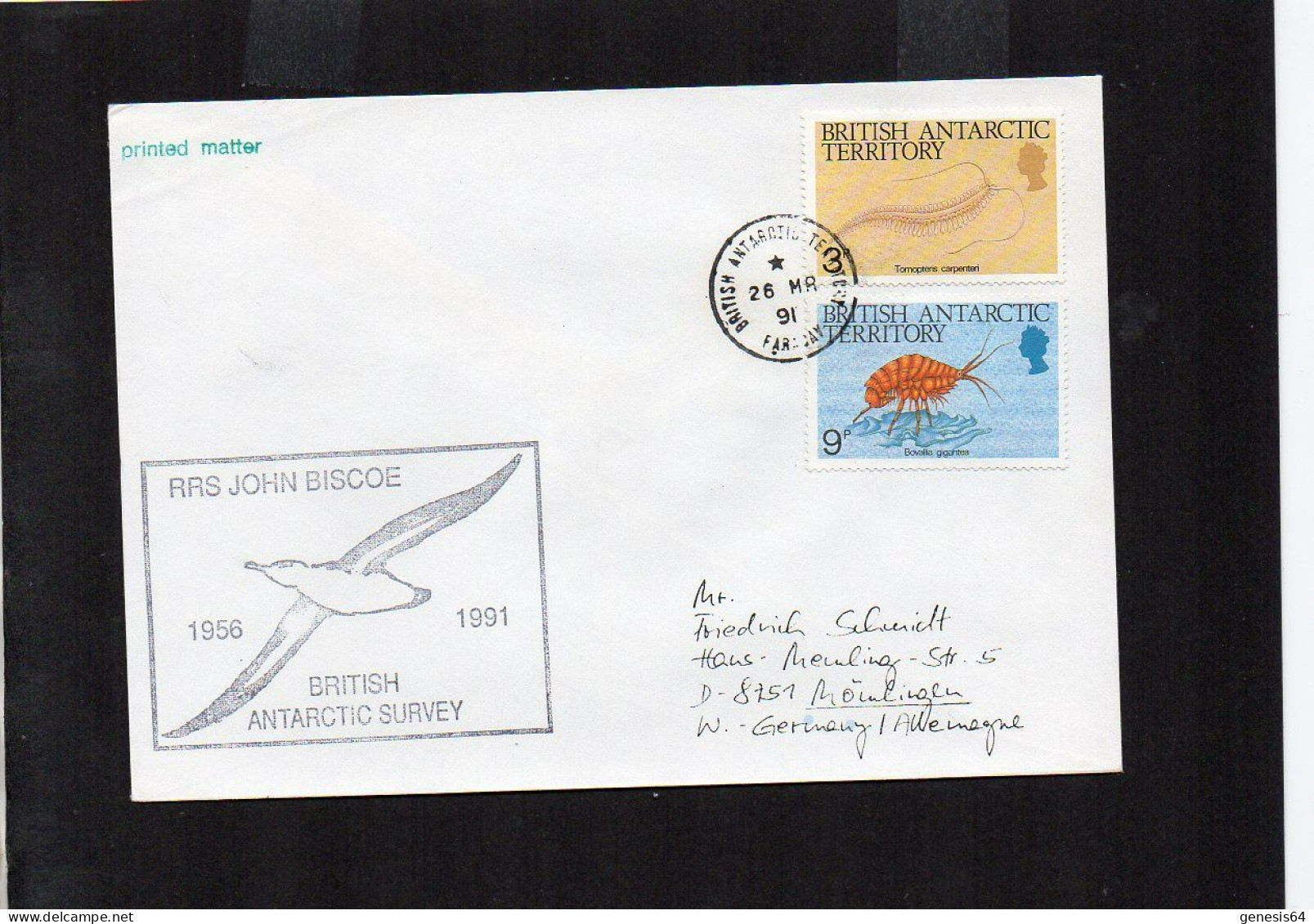 British Antarctic Territory (BAT) 1991 Cover Ship RRS John Biscoe - Faraday 26 MR 1991 - (1ATK008) - Covers & Documents