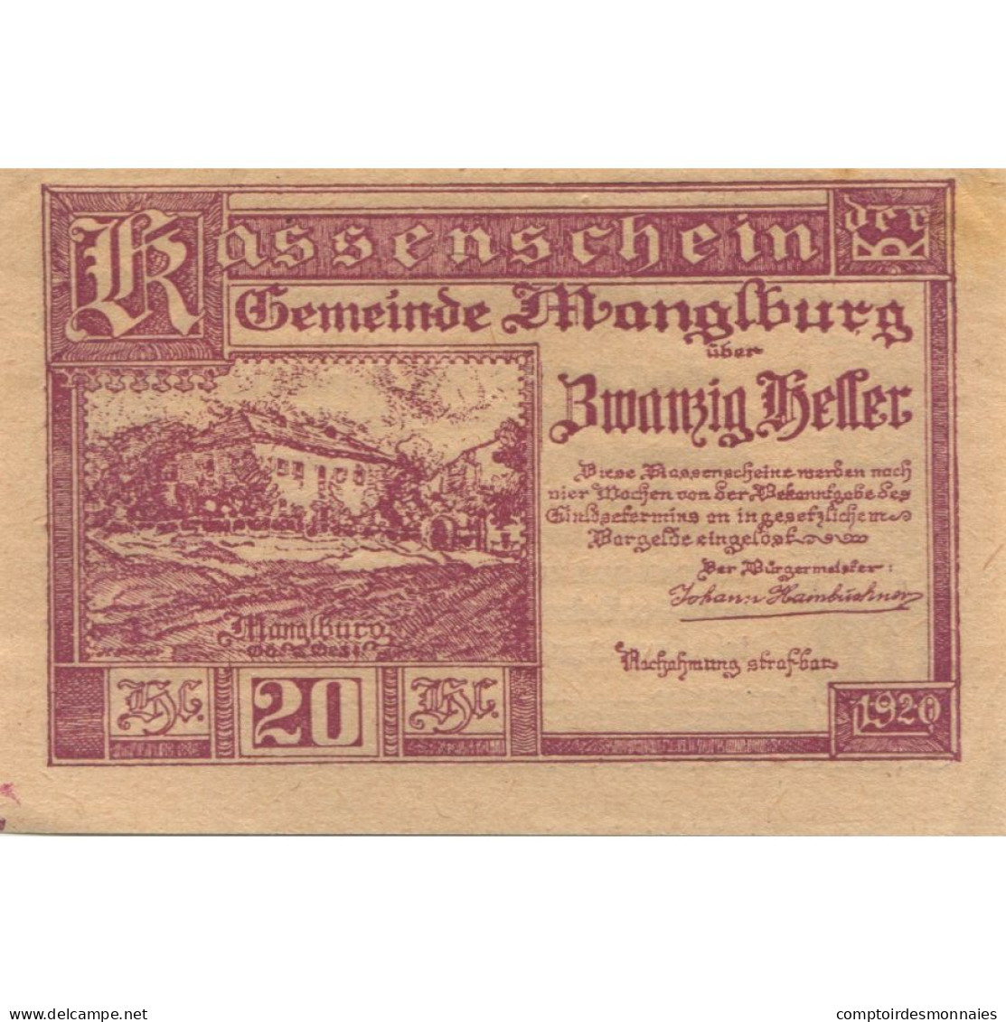 Billet, Autriche, Manglburg, 20 Heller, Ferme 1920-04-04, SPL, Mehl:FS 288 - Autriche