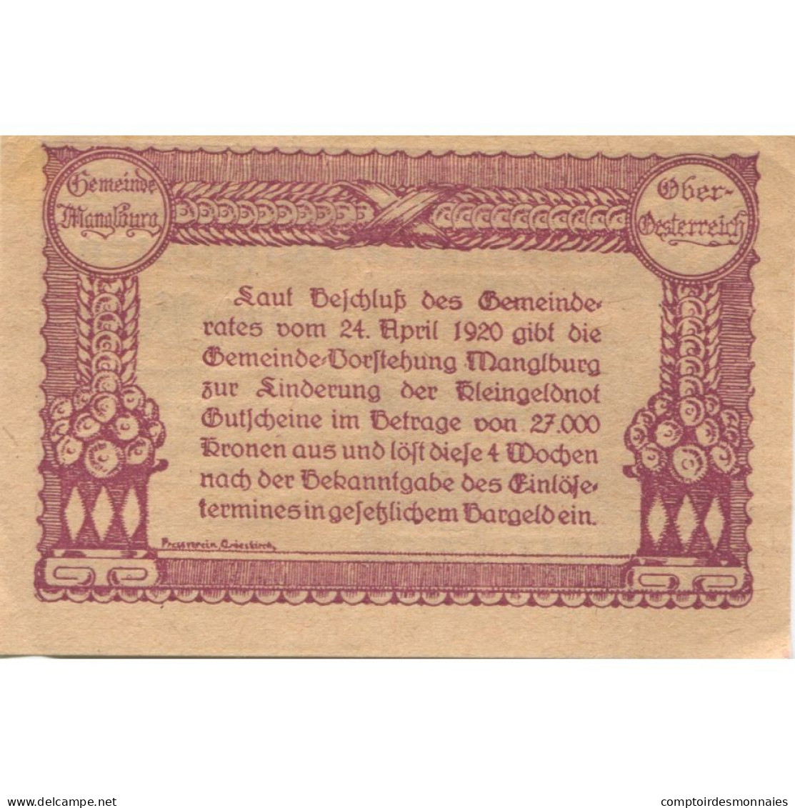 Billet, Autriche, Manglburg, 20 Heller, Ferme 1920-04-04, SPL, Mehl:FS 288 - Autriche