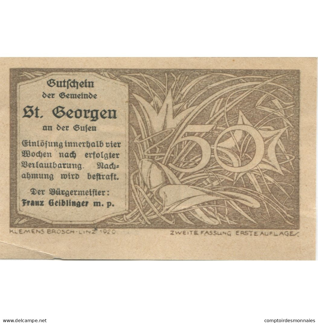 Billet, Autriche, St Georgen, 50 Heller, Fleur, 1920, SPL, Mehl:FS 888Ia - Autriche