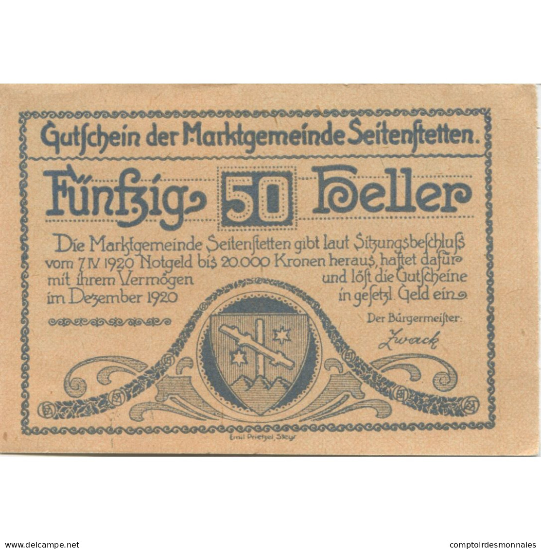 Billet, Autriche, Seitenstetten, 50 Heller, Blason, 1920, SPL, Mehl:FS 990 - Autriche