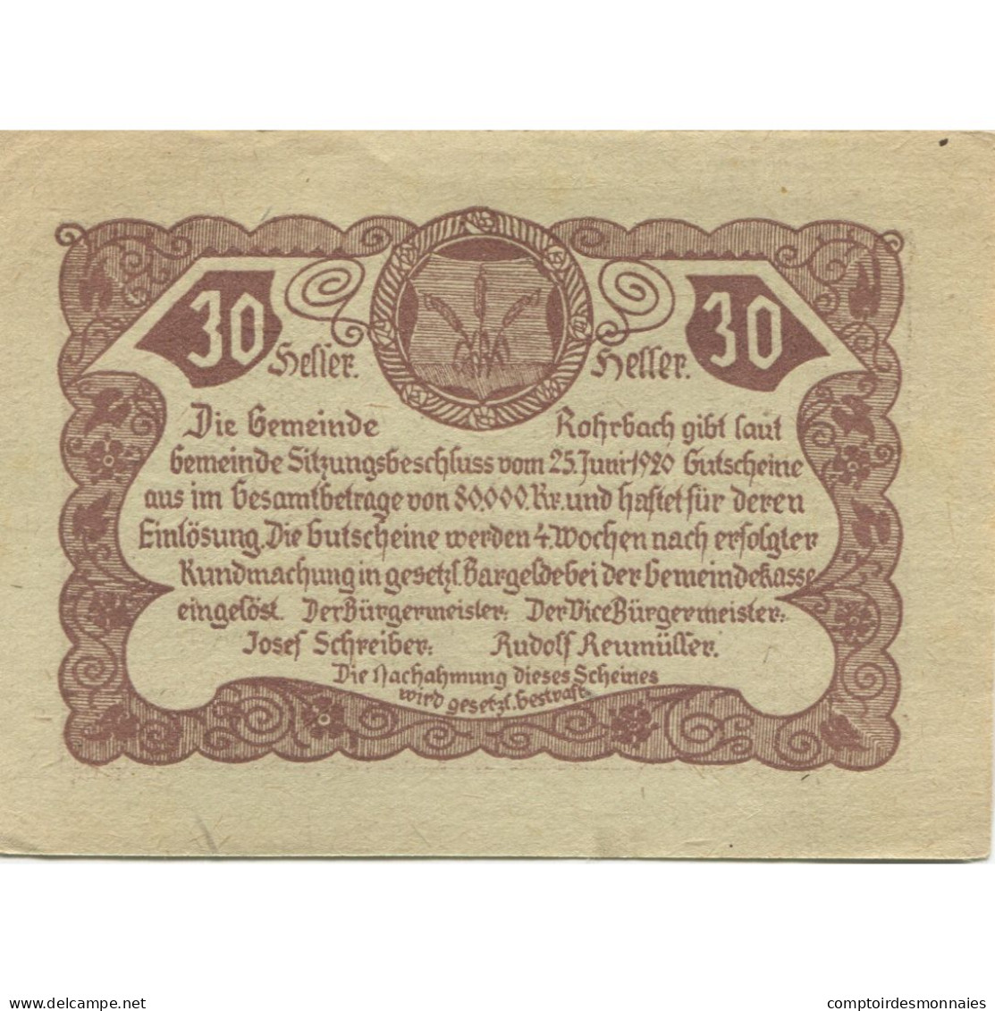 Billet, Autriche, Rohrbach, 30 Heller, Eglise, 1920, SPL, Mehl:FS 841b - Autriche