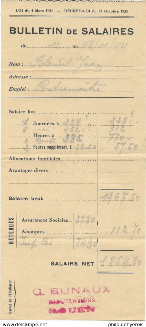 ROUEN (76) G.BUNAUX Manutentions 1944 Bulletin De Salaires D'un Contremaitre - Non Classés