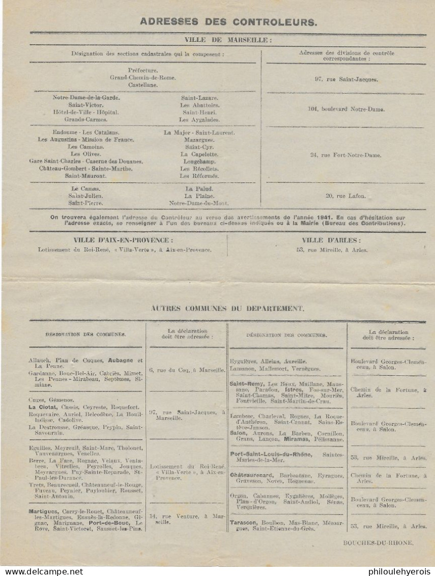 MARSEILLE (13) 1942 Accusé Réception De Déclarations Impôt + Adresses Des Controleurs Bouches Du Rhone Superbe - Non Classés