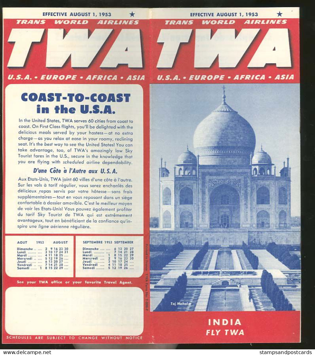 TWA Brochure Lignes Avion 1953 Inde Taj Mahal TWA USA Airline Air Routes Airplane India Cover - Europe