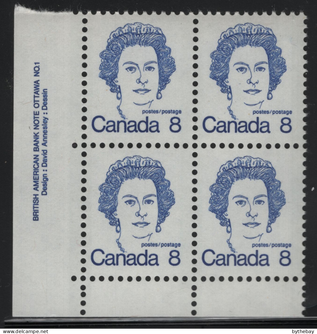 Canada 1973 MNH Sc 593 8c QEII Caricature Plate 1 LL Block - Plate Number & Inscriptions