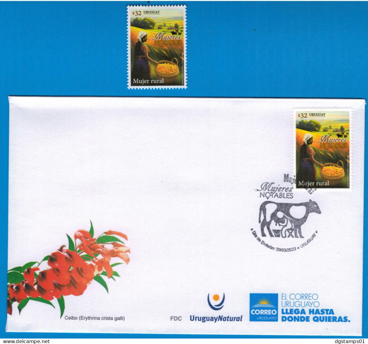 Uruguay 2023 ** Stamp & FDC Notable Women: Rural Woman, Peasant. Cows, Field, Fruits. - Agriculture