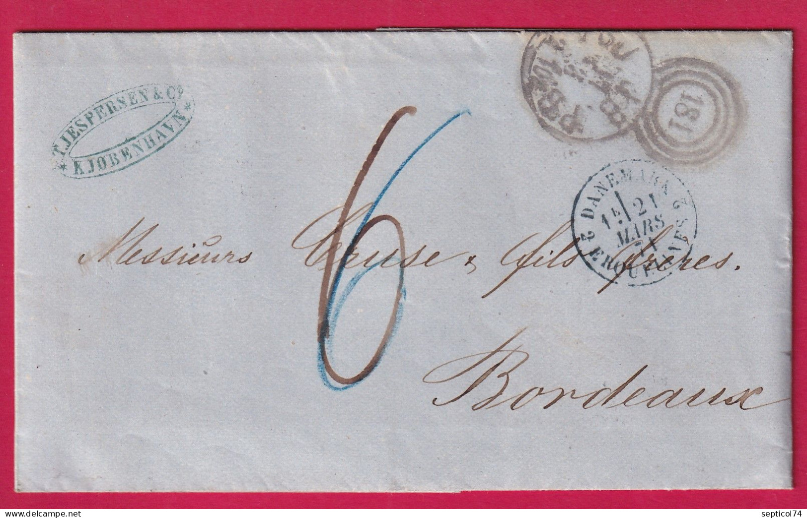 COPENHAGUE DANEMARK 1871 ENTREE 2 ERQUELINE 2 POUR BORDEAUX LETTRE COVER - ...-1851 Vorphilatelie