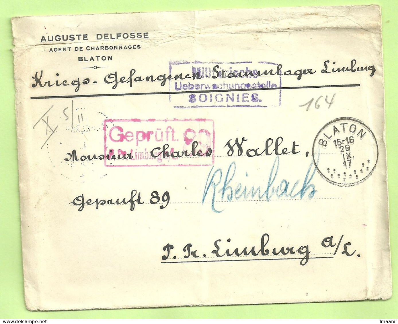 Brief (met Inhoud) BLATON 29/9/17 Naar "Kriegsgefangenen LIMBURG S/Lhan -Rheinbach , Stempel GEPRUFT  (B2750) - Prisoners