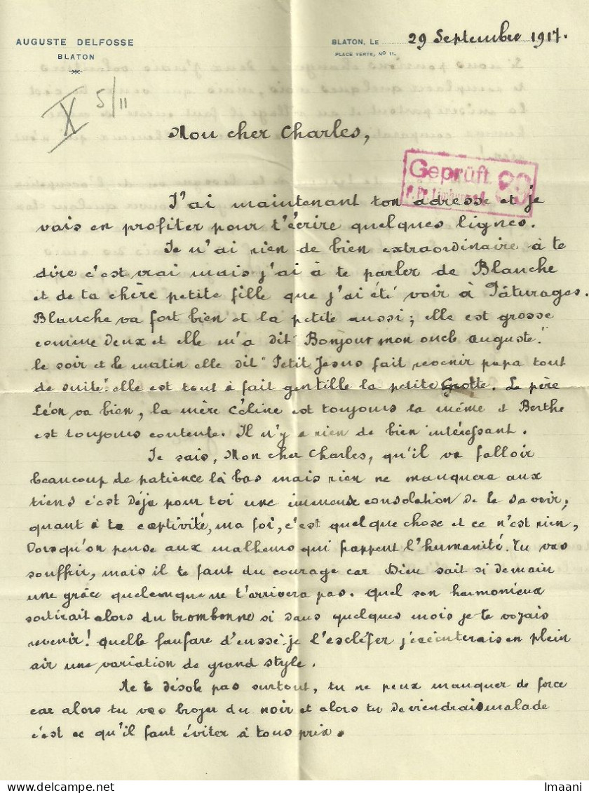 Brief (met Inhoud) BLATON 29/9/17 Naar "Kriegsgefangenen LIMBURG S/Lhan -Rheinbach , Stempel GEPRUFT  (B2750) - Prisioneros