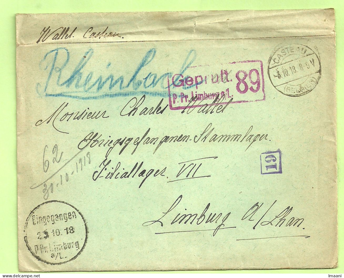Brief (met Inhoud) CASTEAU 3/10/18 Naar "Kriegsgefangenen LIMBURG S/Lhan -Rheinbach , Stempel GEPRUFT  (B2764) - Prisonniers