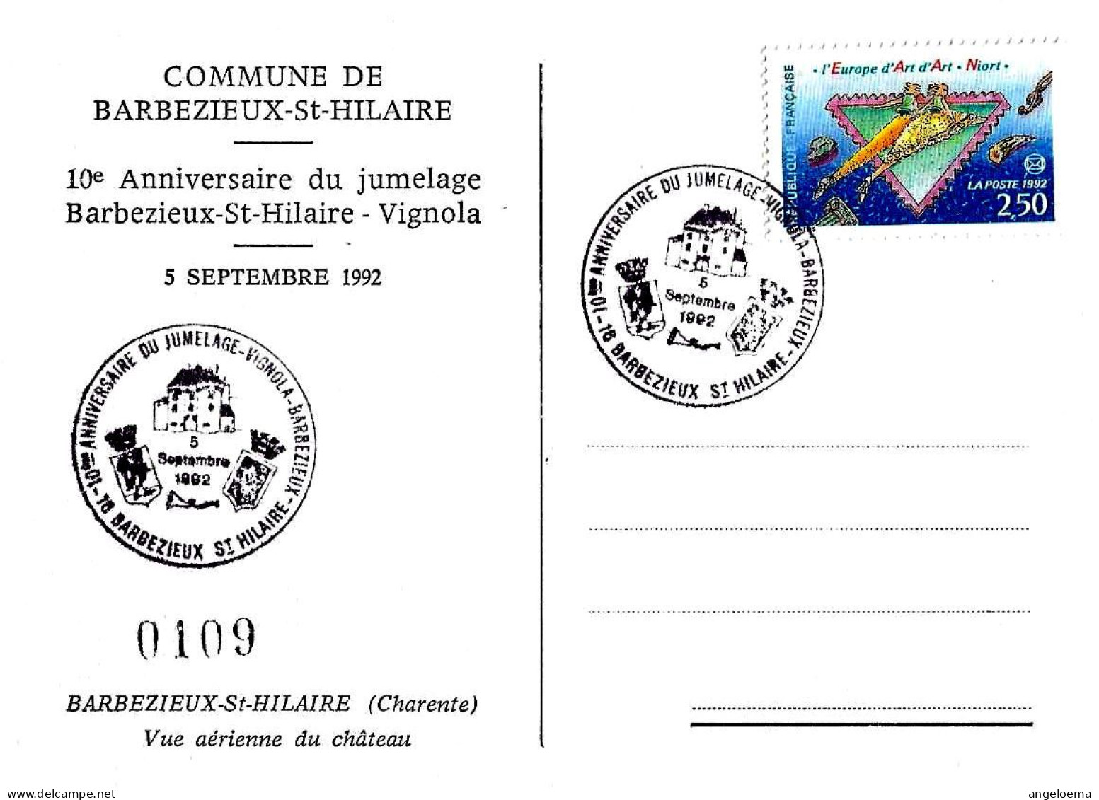 FRANCIA FRANCE - 1992 BARBEZIEUX ST.HILAIRE 10° Gemellaggio Con VIGNOLA (castello, Stemmi) Su Cartolina Speciale - 4011 - Châteaux