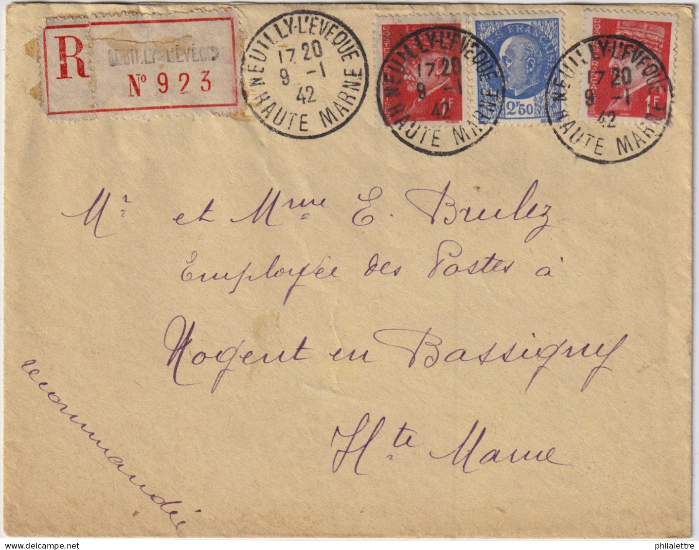 FRANCE - 1942 - 2xYv.514 & Yv.520 Sur LSC Recommandée De NEUILLY-L'EVÊQUE à NOGENT-EN-BASSIGNY (Haute-Marne) - Storia Postale