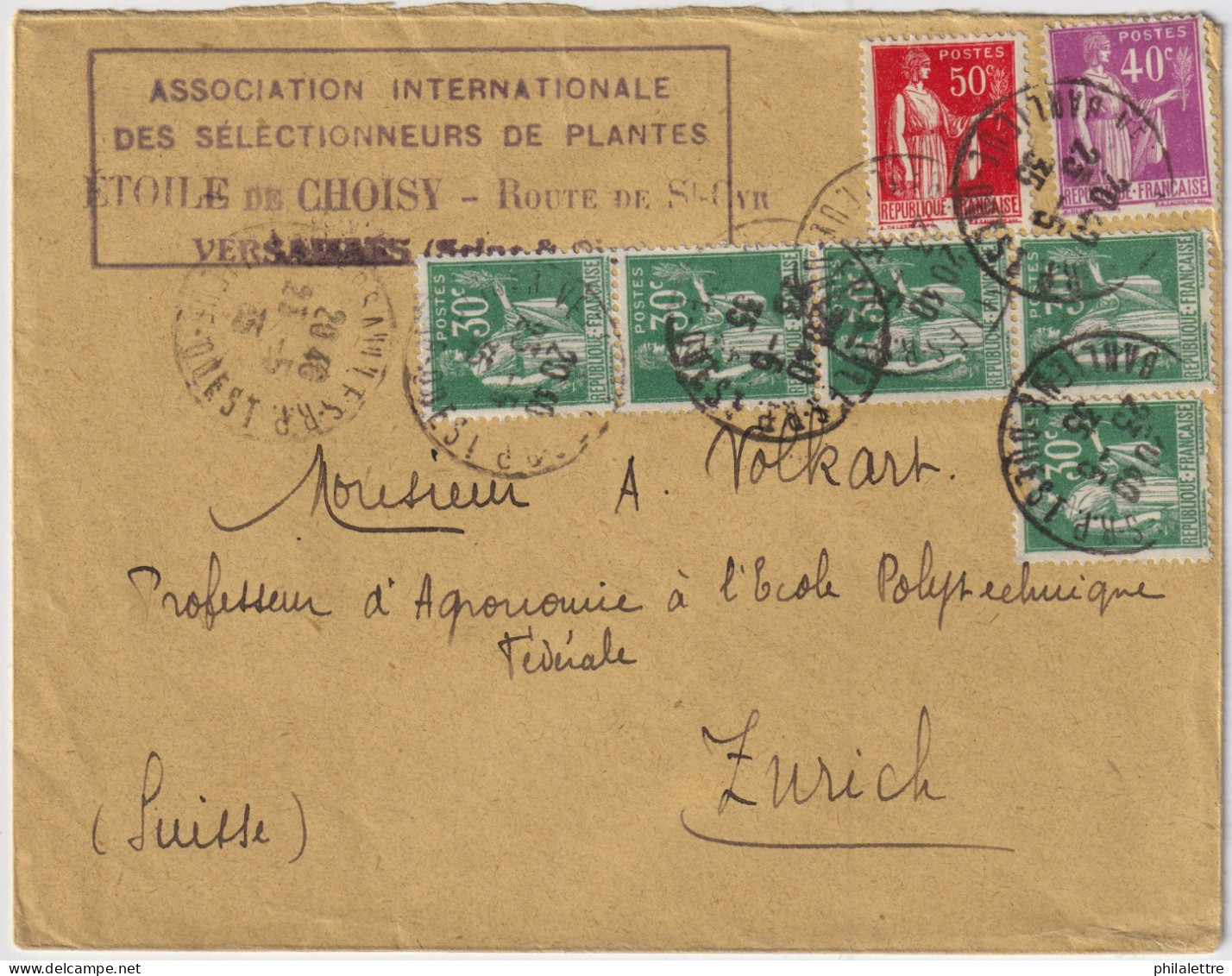 FRANCE - 1935 - Type Paix - 5xYv.280, Yv.281 & Yv.283 Sur LSC (2ème échelon) De VERSAILLES à ZURICH, Suisse - Storia Postale