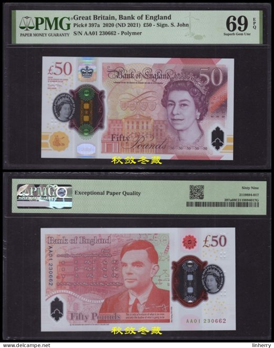 UK, England, Bank Of England £50, (2021), Polymer, AA01 Prefix, PMG69 - 50 Pond