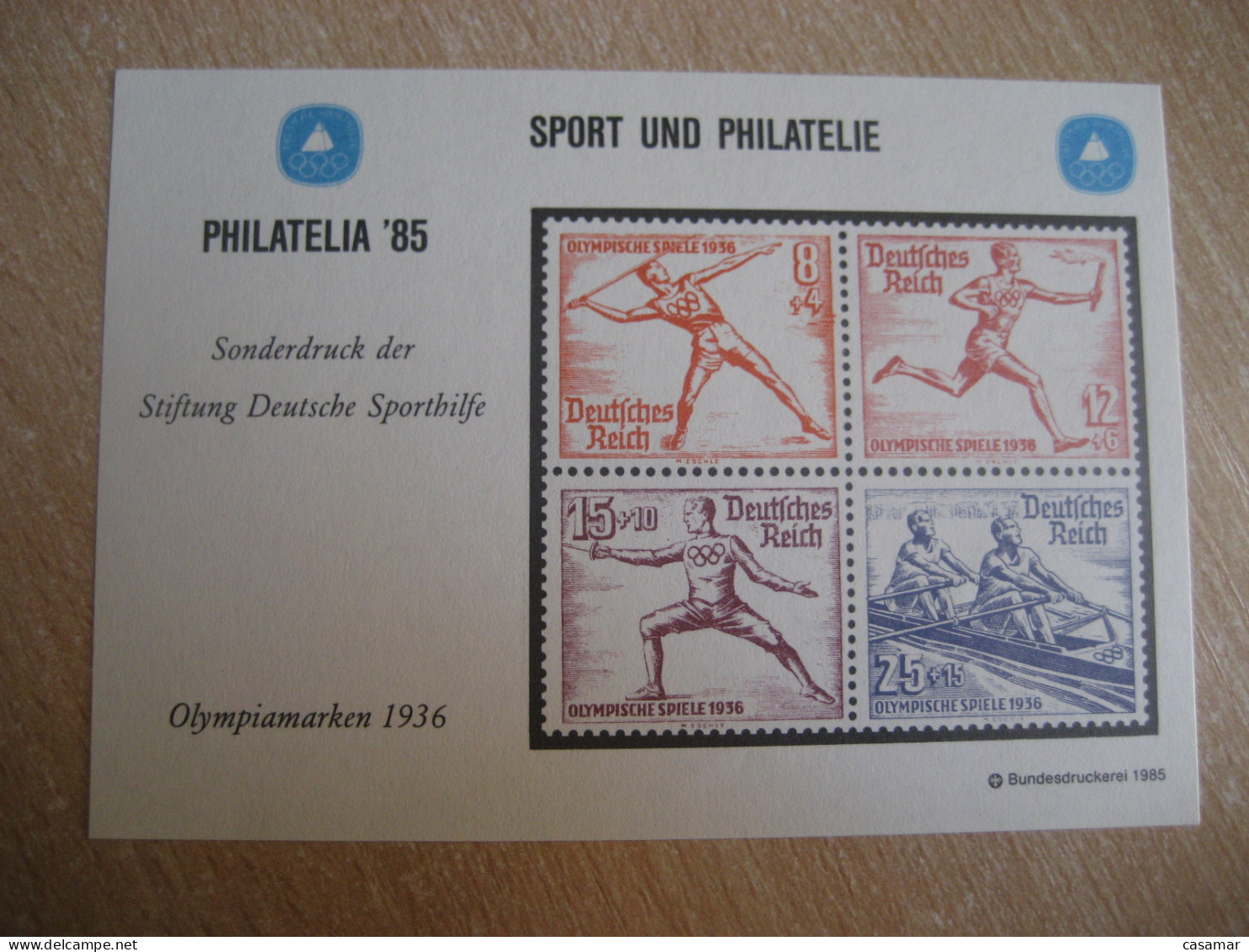 BERLIN 1936 Olympic Games Fencing Rowing Javelin Olympics 1985 Official Druck Proof Epreuve Imperforated GERMANY - Summer 1936: Berlin