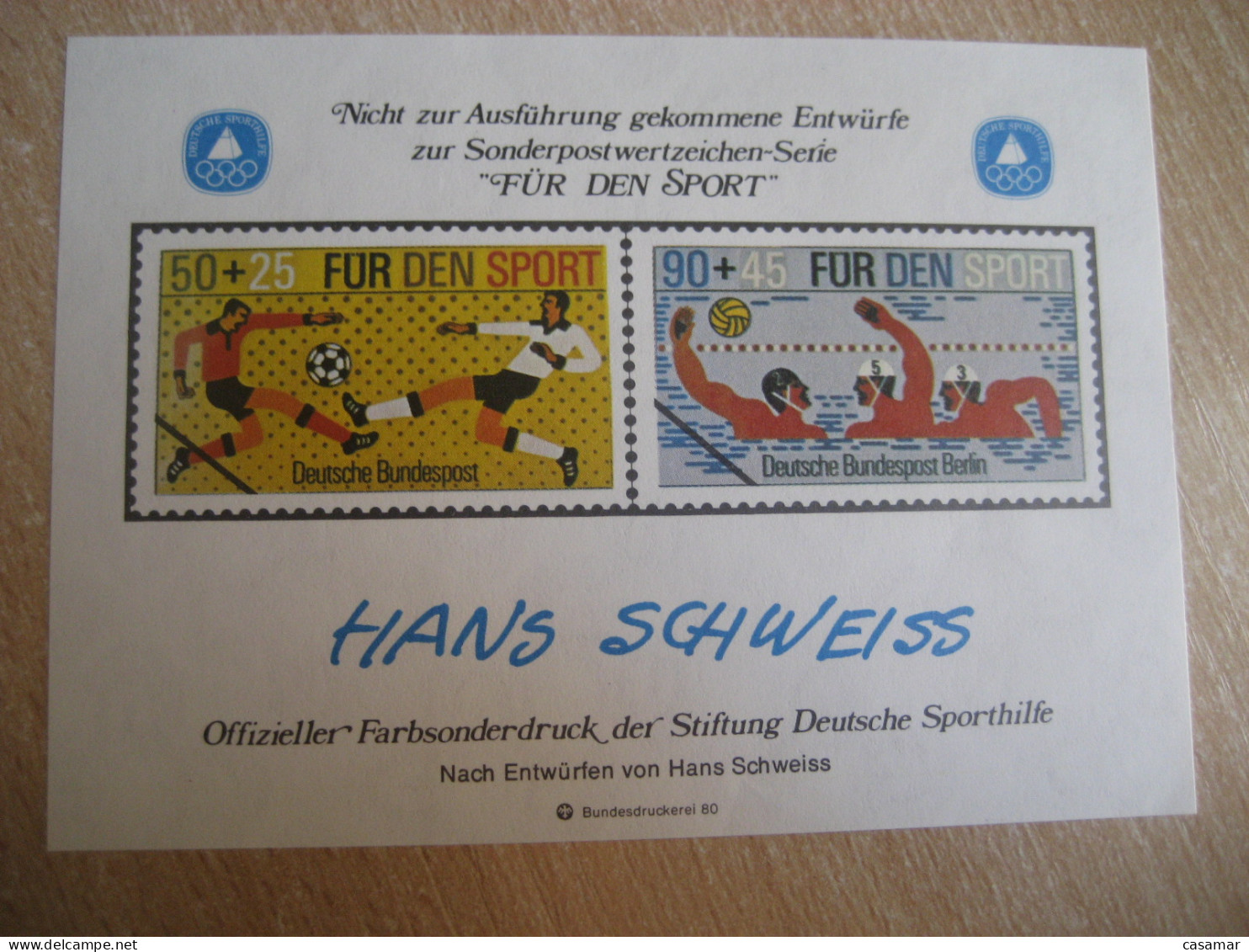 Water Polo Waterpolo Football Soccer Olympics 1980 Official Druck Proof Color Print Epreuve Imperforated GERMANY - Water-Polo