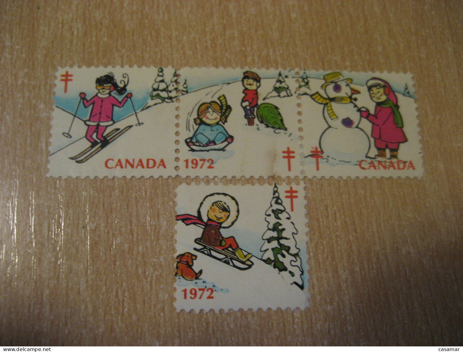 1972 Ski Sleigh Sled Christmas TB Tuberculosis 4 Poster Stamp Vignette CANADA Tuberculose Label Seal Health Sante - Viñetas Locales Y Privadas