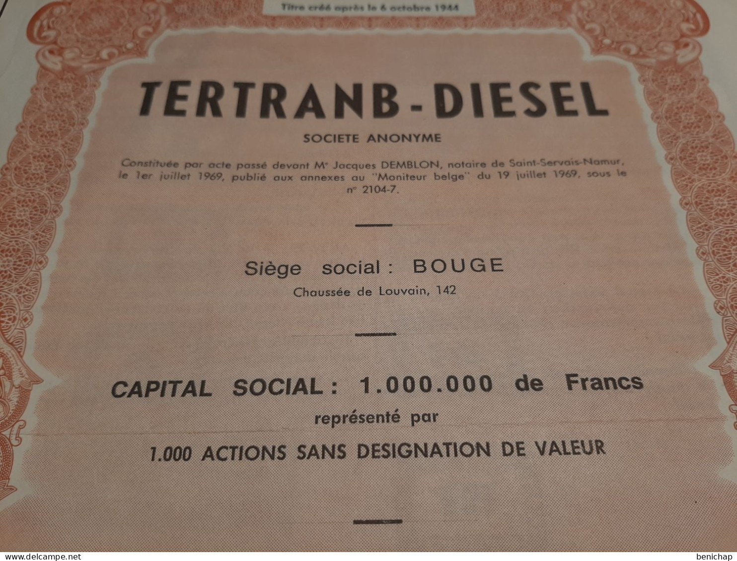 Tertranb - Diesel S.A. - Action Sans Désignation De Valeur Au Porteur - Bouge (Namur) Juillet 1969. - Automobilismo