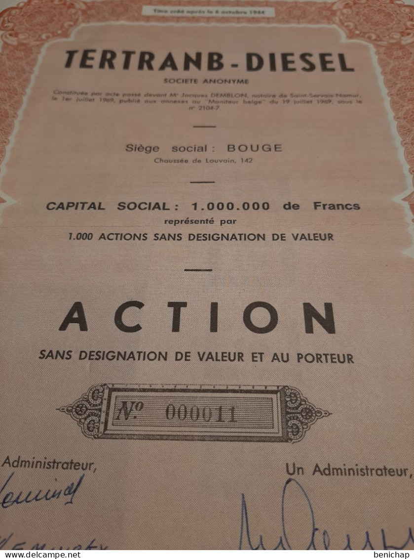 Tertranb - Diesel S.A. - Action Sans Désignation De Valeur Au Porteur - Bouge (Namur) Juillet 1969. - Automobile