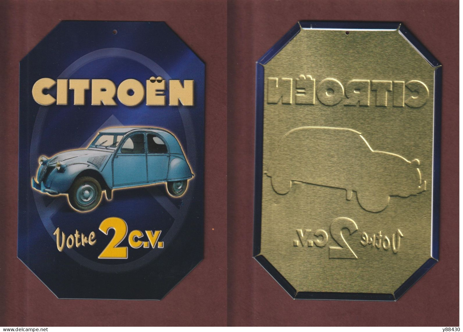 Plaque En Tôle - CITROËN . Votre 2 Chevaux - Plaque Couleur, Sertie En Relief - Édition Atlas - 3 Scan - Plaques En Tôle (après 1960)