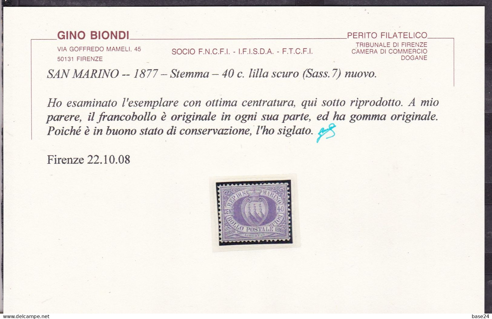 1877 San Marino Saint Marin CIFRA O STEMMA 40 C. Lilla Scuro (7) MH* Certificato Biondi 22.10.08 - Unused Stamps