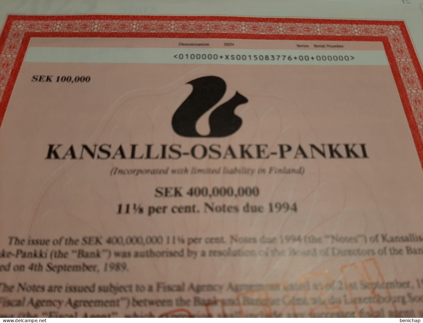 Bank Kansalis - Osake - Pankki - Titre "Specimen" - SEK 100.000 Couronnes Suédoise - 21 Septembre 1989. - Banque & Assurance