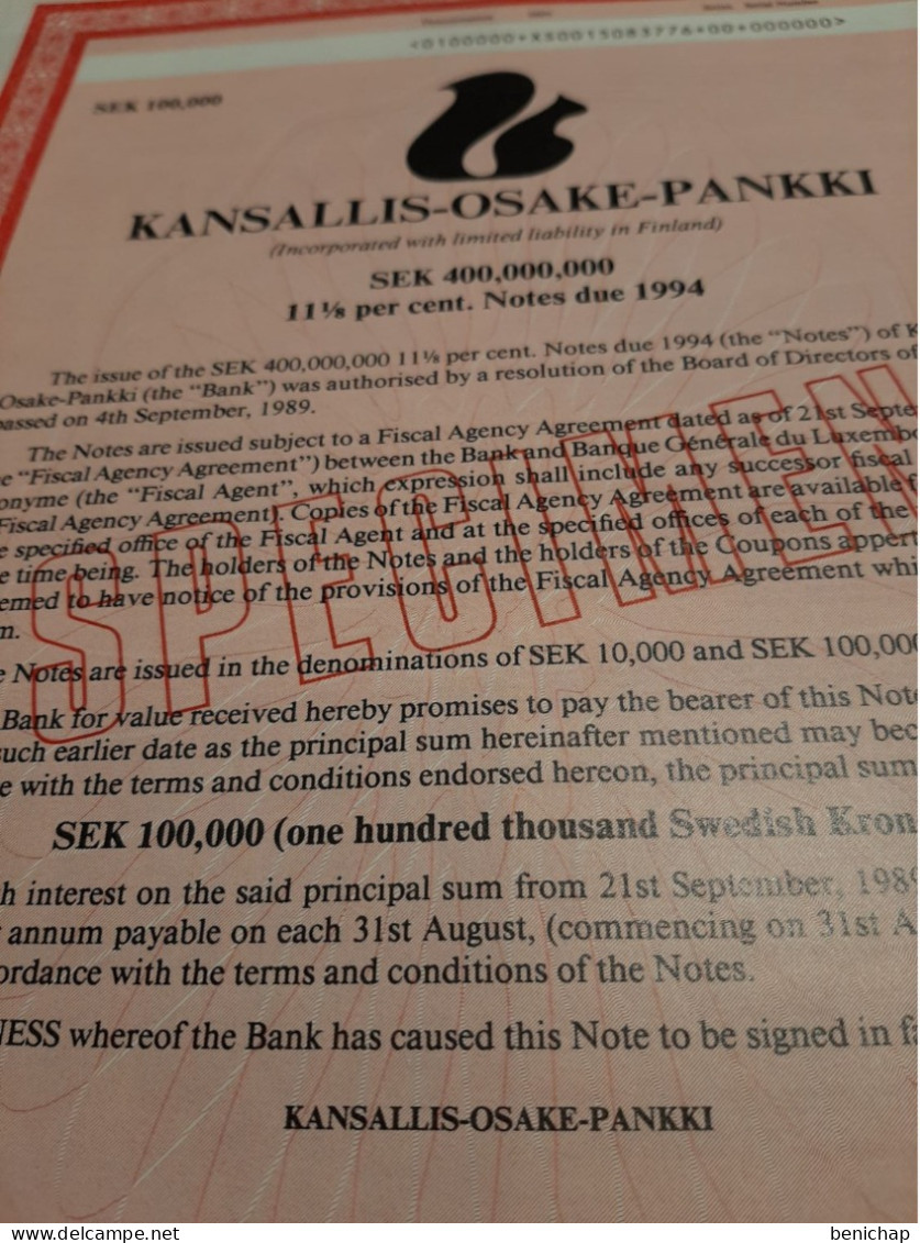 Bank Kansalis - Osake - Pankki - Titre "Specimen" - SEK 100.000 Couronnes Suédoise - 21 Septembre 1989. - Bank & Insurance