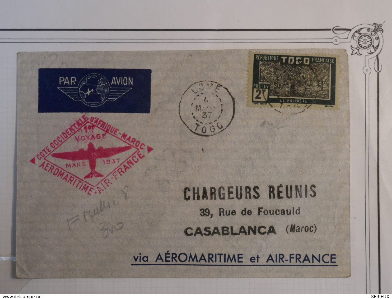 BQ 5 TOGO  BELLE  LETTRE CHARGEURS 1937 LOMé A CASABLANCA  MAROC+1ER VOL+   + AFFR.PLAISANT+++ + - Briefe U. Dokumente