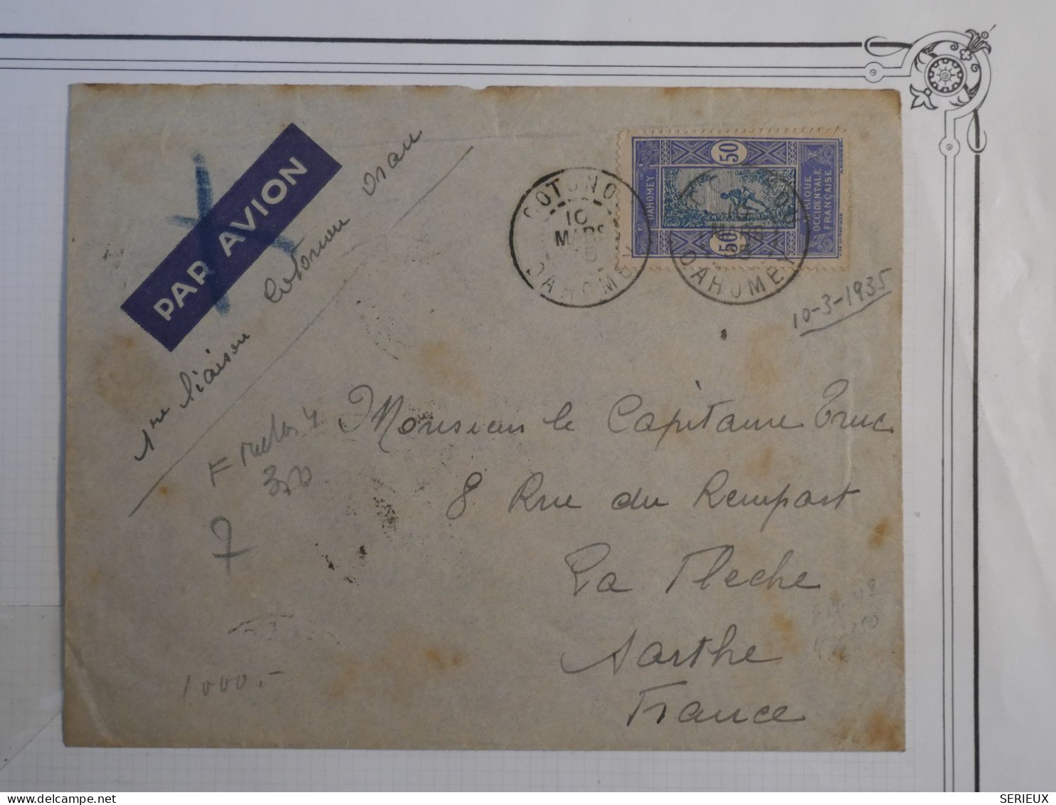 BQ 5 SENEGAL  BELLE  LETTRE CHARGEURS 1935 +1ER VOL COTONOU ORAN A LA FLECHE FRANCE+  + AFFR. INTERESSANT+++ + - Posta Aerea