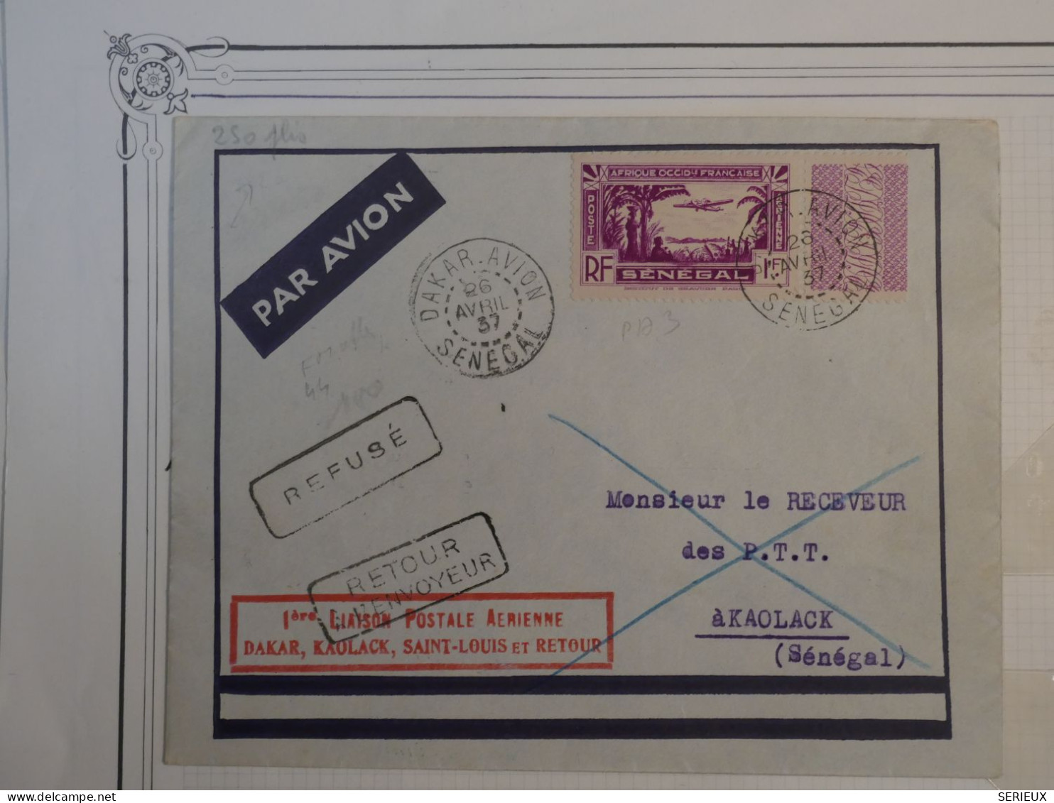 C SENEGAL  BELLE  LETTRE RRR 250 PLIS   1937 +1ER VOL  DAKAR  +TAB+REFUSé +AFF. PLAISANT - Aéreo