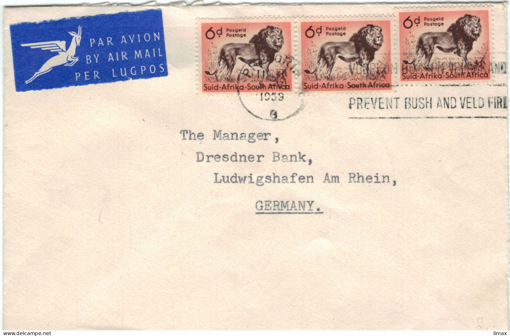 Südafrika Pretoria 1959 - Löwe Mähne - Vermeidet Busch-Feuer & Feld-Brände - MEF 3fach - Airmail