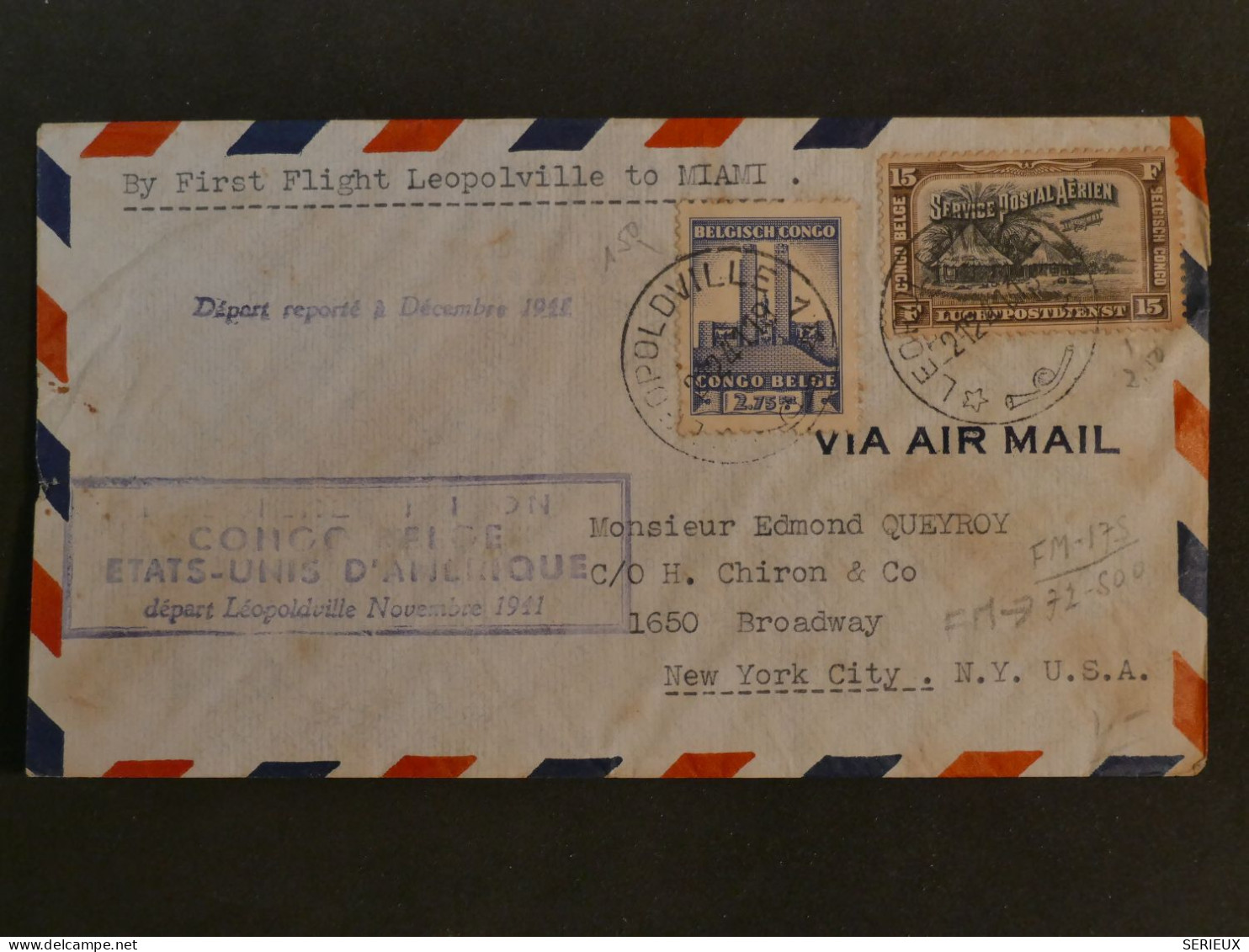 C CONGO BELGE    BELLE  LETTRE  RR 1941 1ER VOL AVION  LEOPOLDVILLE MIAMI USA   ++ - Covers & Documents