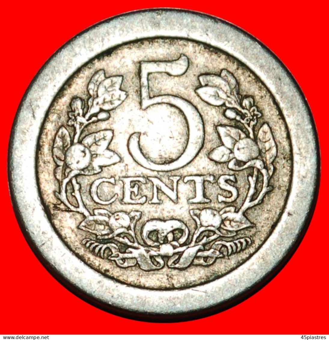 * CROWN AND OAK BRANCHES (1907-1909):NETHERLANDS 5 CENTS 1907 UNCOMMON! WILHELMINA (1890-1948)· LOW START! · NO RESERVE! - 5 Centavos