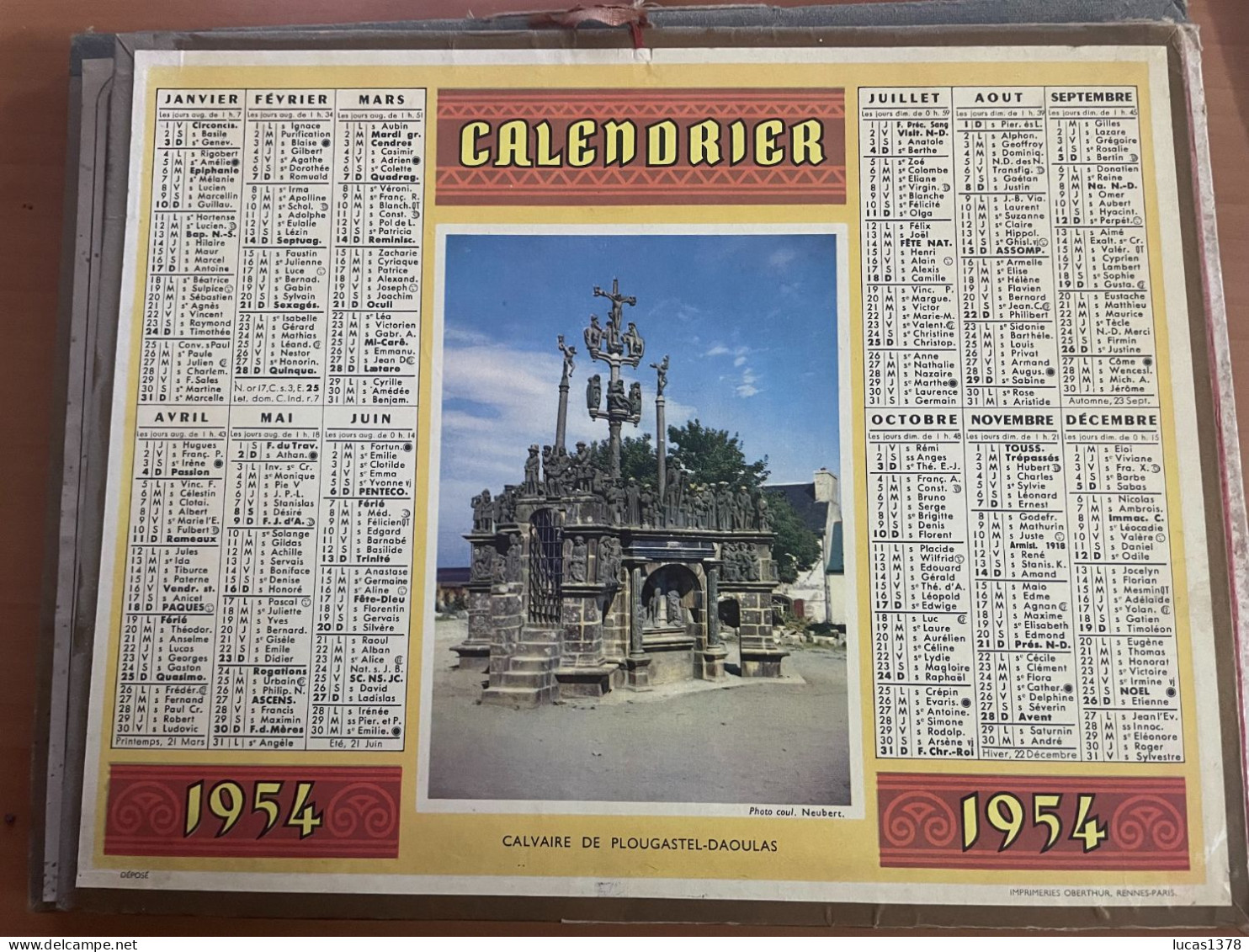 CALENDRIER ALMANACH DES POSTES  1954 / CALVAIRE PLOUGASTEL - Formato Grande : 1941-60