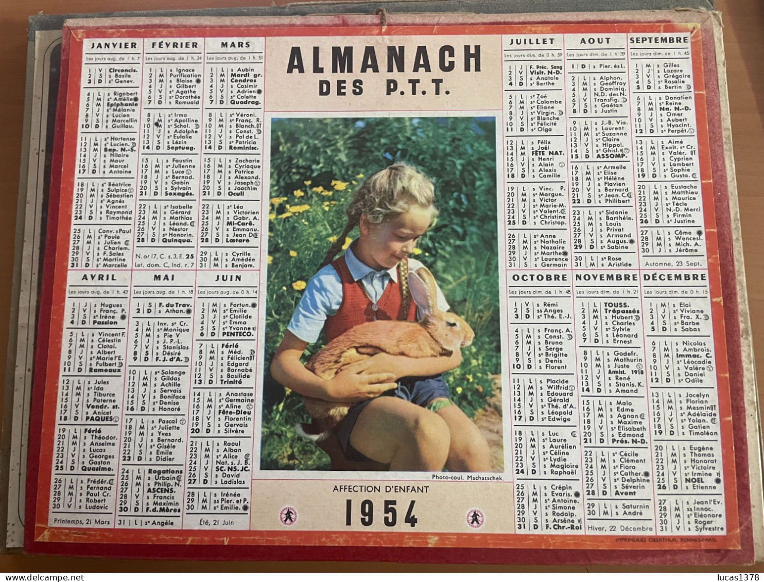 CALENDRIER ALMANACH DES POSTES  1954 / ENFANT LAPIN - Grand Format : 1941-60