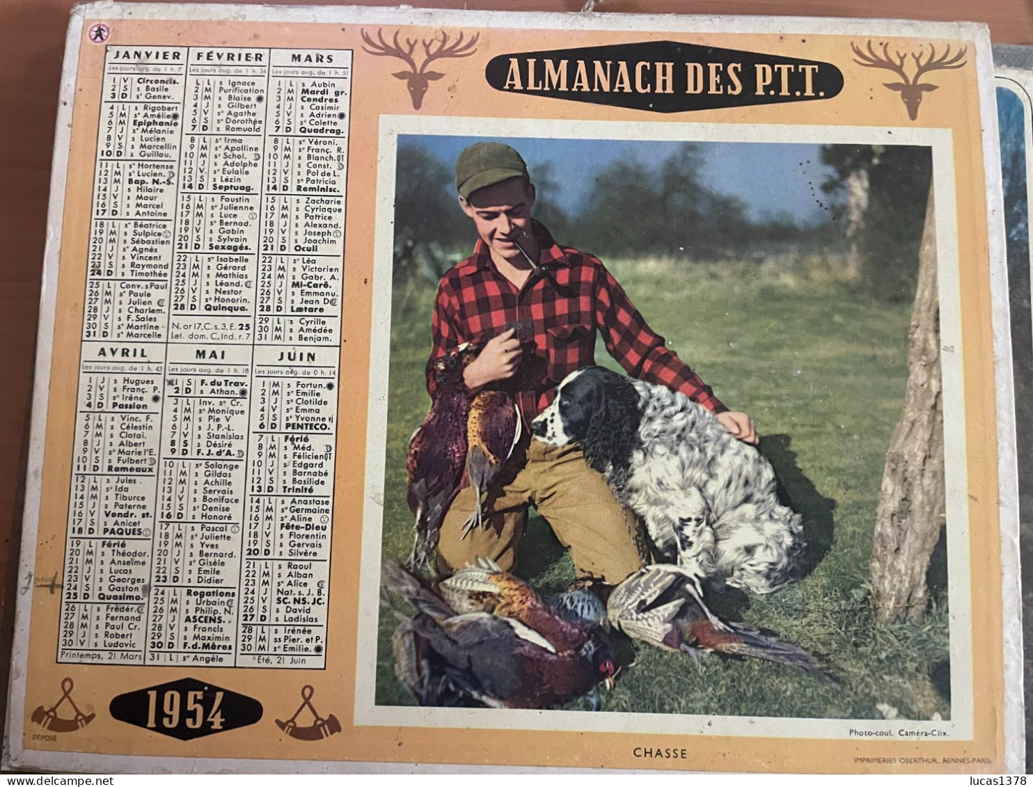 CALENDRIER ALMANACH DES POSTES  1954 / PECHE ET CHASSE - Grand Format : 1941-60