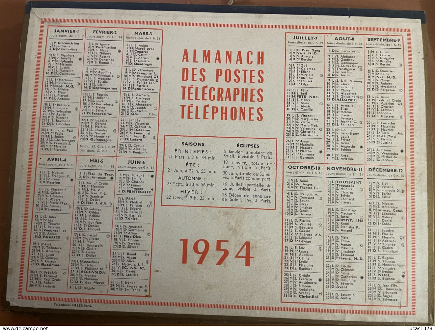 CALENDRIER ALMANACH DES POSTES  1954 / CHASSE A COURRE - Big : 1941-60