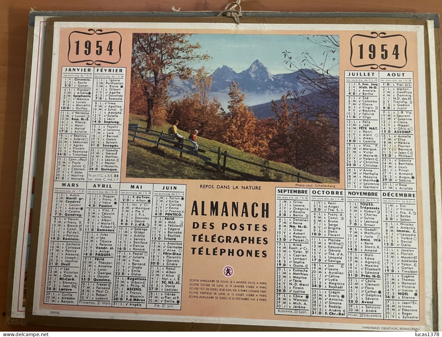 CALENDRIER ALMANACH DES POSTES  1954 / REPOS DANS LA NATURE - Grand Format : 1941-60