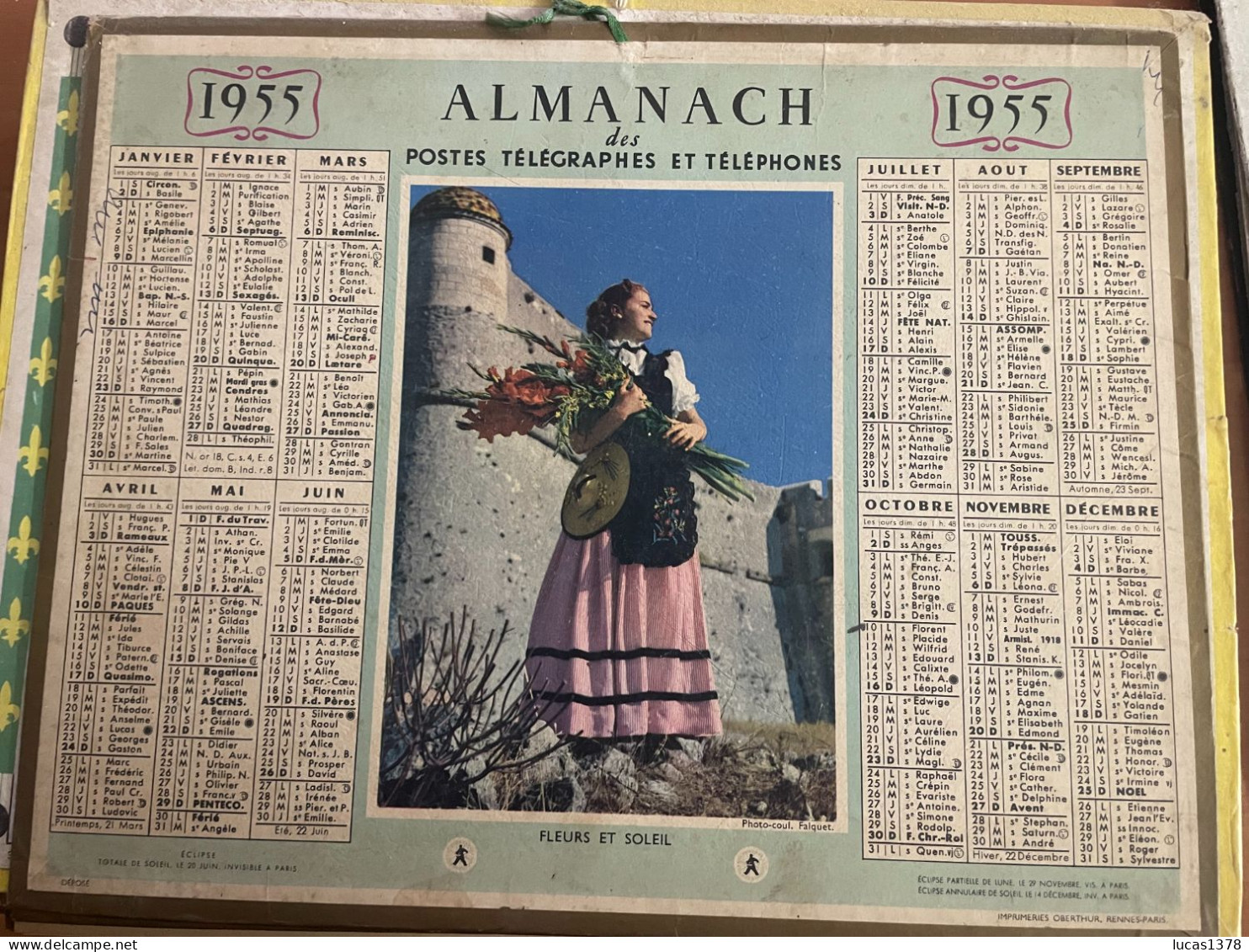 CALENDRIER ALMANACH DES POSTES  1955 / FLEURS ET SOLEIL - Tamaño Grande : 1941-60