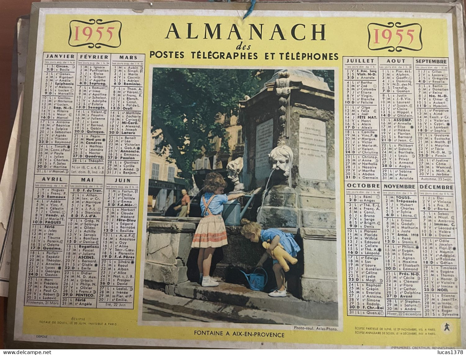 CALENDRIER ALMANACH DES POSTES  1955 / FONTAINE A AIX EN PROVENCE - Tamaño Grande : 1941-60