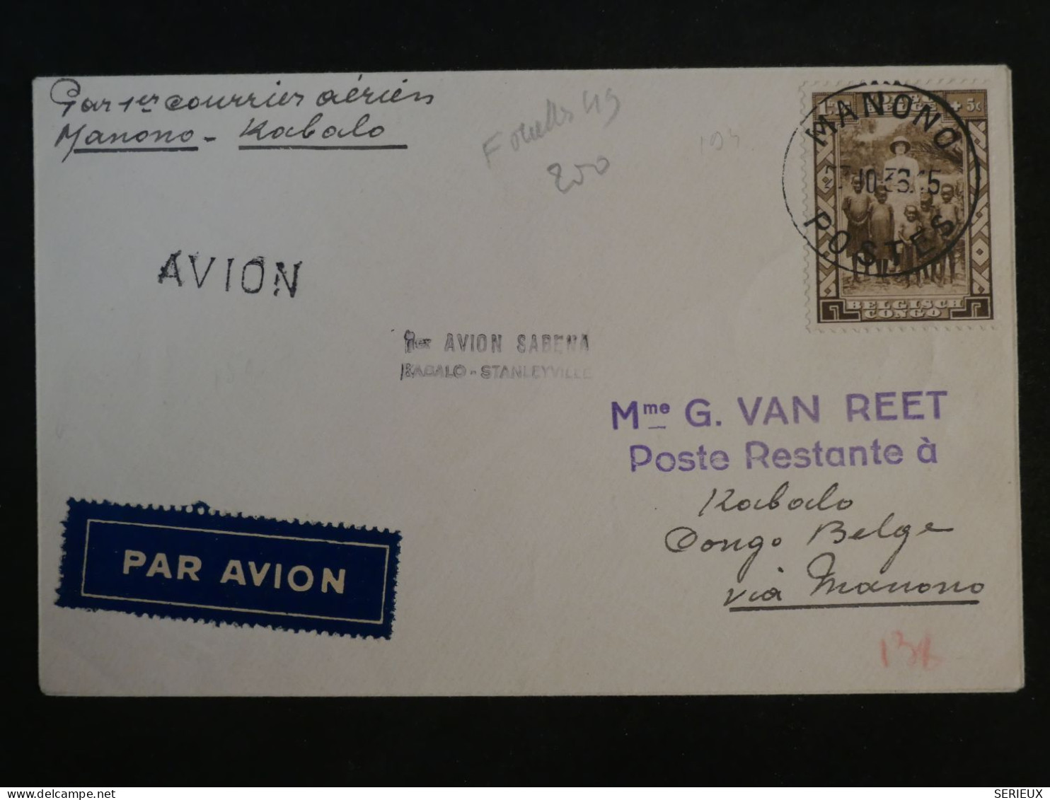 C CONGO BELGE  BELLE  LETTRE  RR 1933 1ER VOL  MANONO A KERBOLO  +AFF. PLAISANT+ - Cartas & Documentos