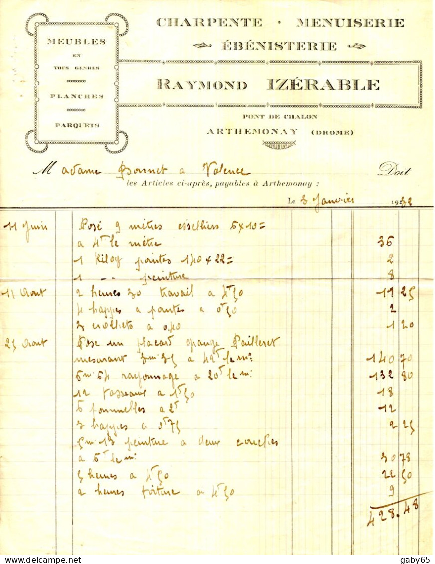 FACTURE.26.DROME.ARTHEMONAY.CHARPENTE.MENUISERIE.EBENISTERIE.RAYMOND IZERABLE. - Straßenhandel Und Kleingewerbe