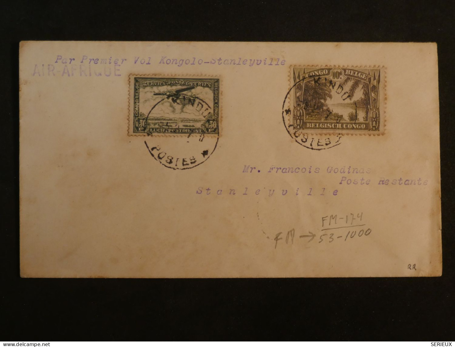 C CONGO BELGE  BELLE  LETTRE  RR 1937 1ER VOL  KONGOLO STANLEYVILLE  +AFF. PLAISANT+ - Lettres & Documents