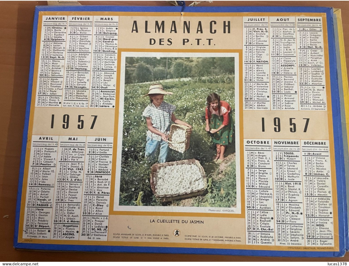 CALENDRIER ALMANACH DES POSTES  1957 / CUEILLETTE DU JASMIN - Tamaño Grande : 1941-60