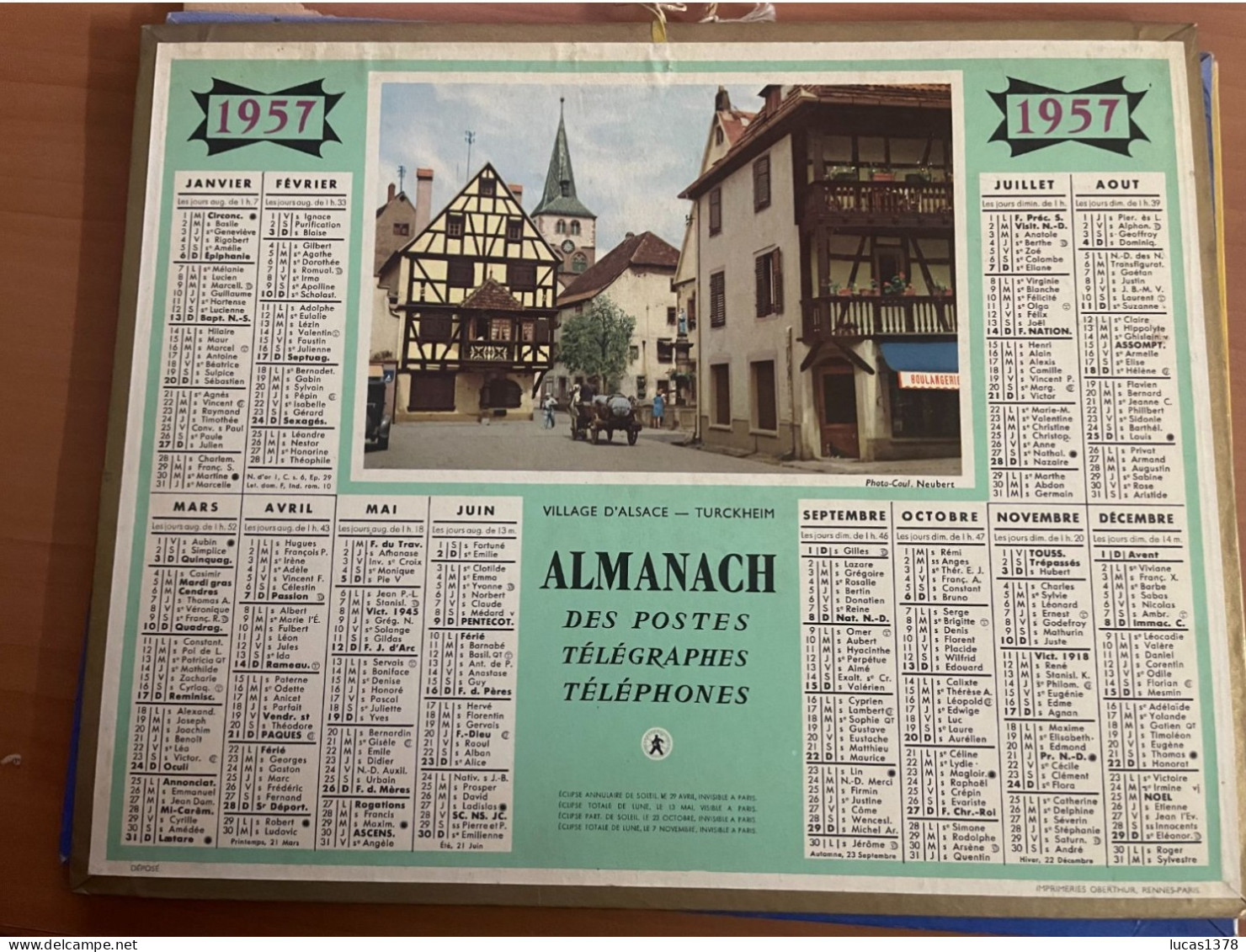 CALENDRIER ALMANACH DES POSTES  1957 / ALSACE / TURCKHEIM - Grand Format : 1941-60