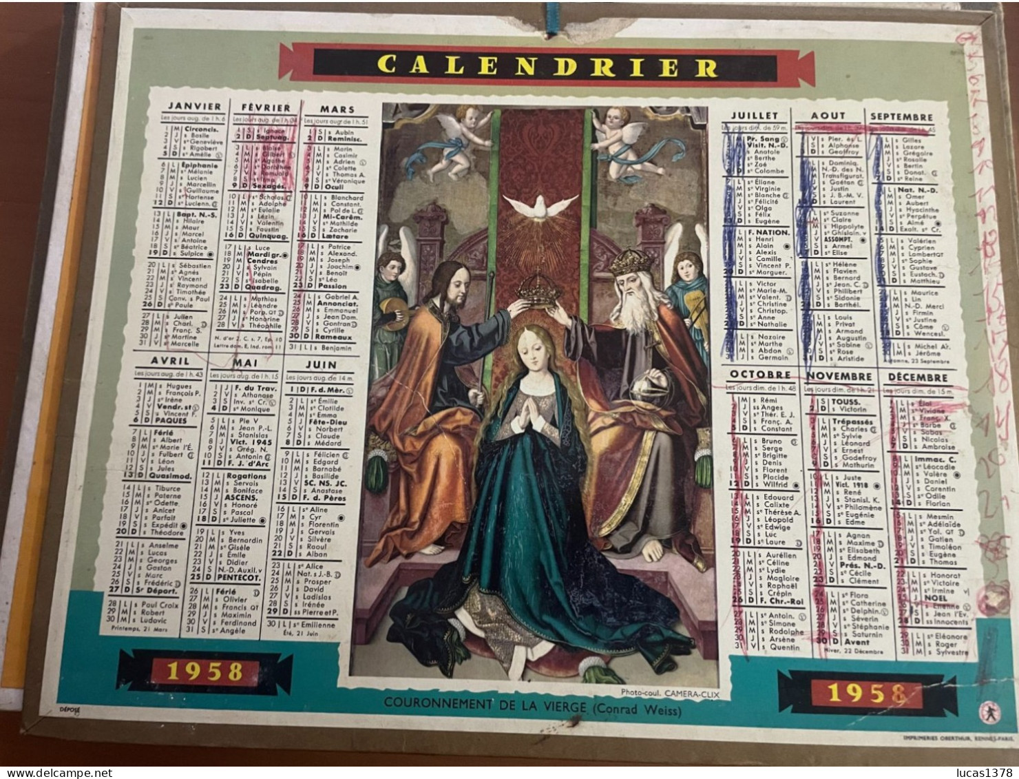 CALENDRIER ALMANACH DES POSTES  1958 / COURONNEMENT DE LA VIERGE - Groot Formaat: 1941-60